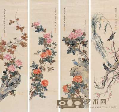 颜伯龙 1949年作 花鸟四屏 四屏 135×35cm×4